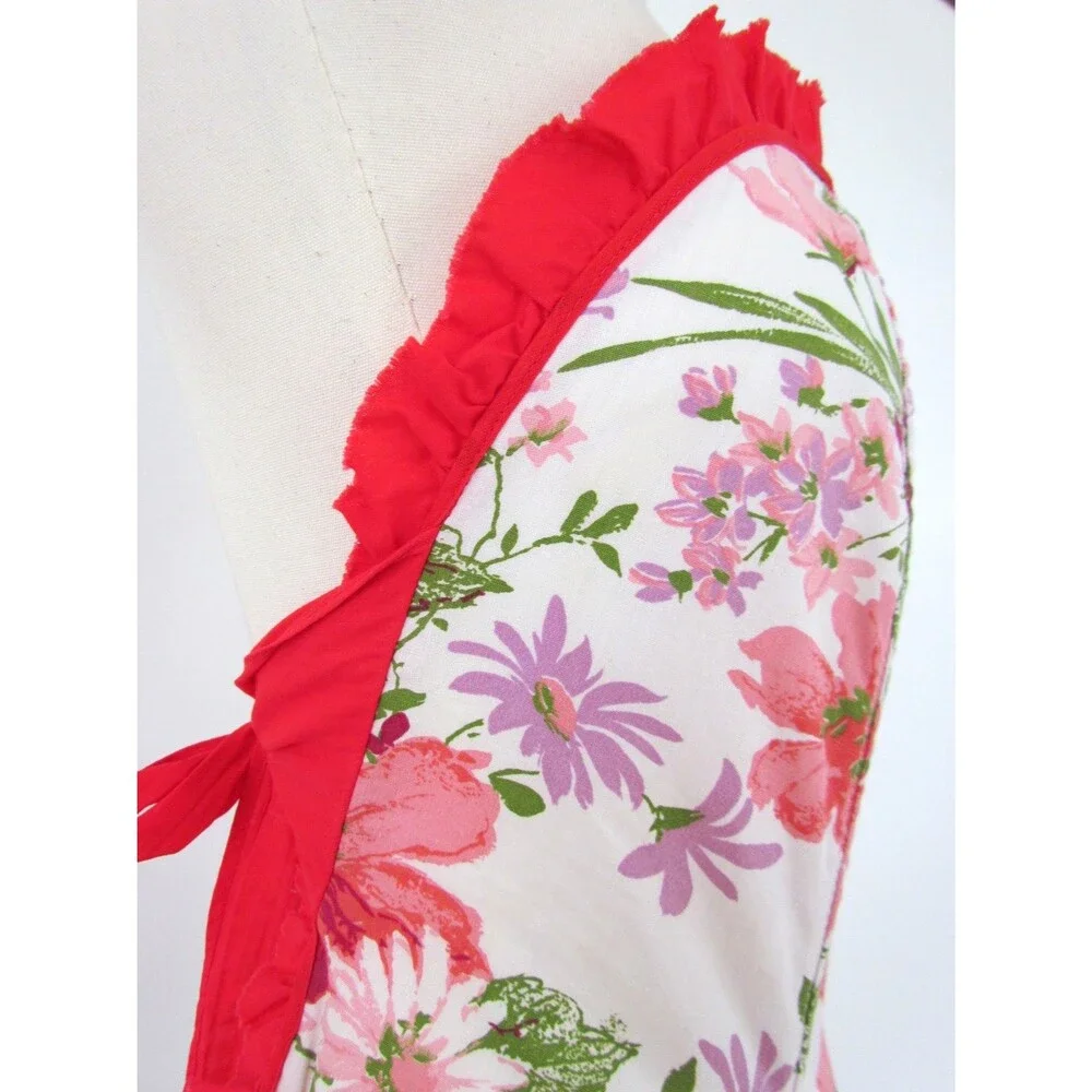 Vtg 1950s Strapless Hostess Apron Boned Floral Cotton Sweetheart Red Ruffle